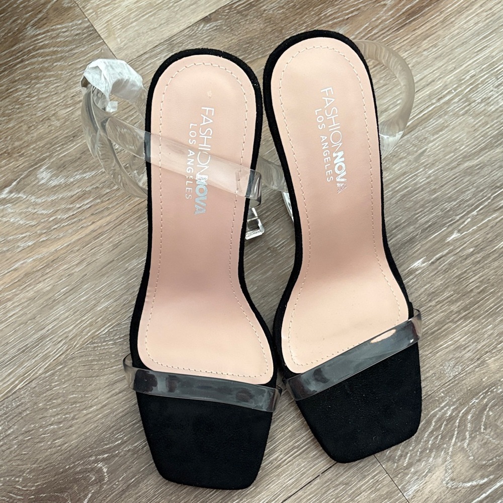 Fashion Nova Black Wedge Heels with Clear and Silver Straps
